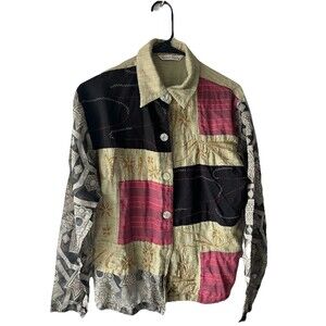 French Laundry Button-Up Shirt M - Silk Blend, Embroidered Patchwork Boho Artsy